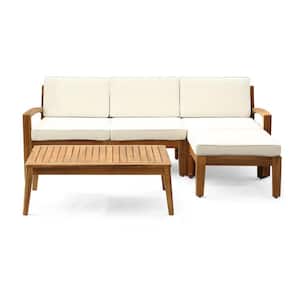 Teak Acacia Wood 3-Seater Outdoor Sectional Sofa Set with Beige Cushions, L-Shape
