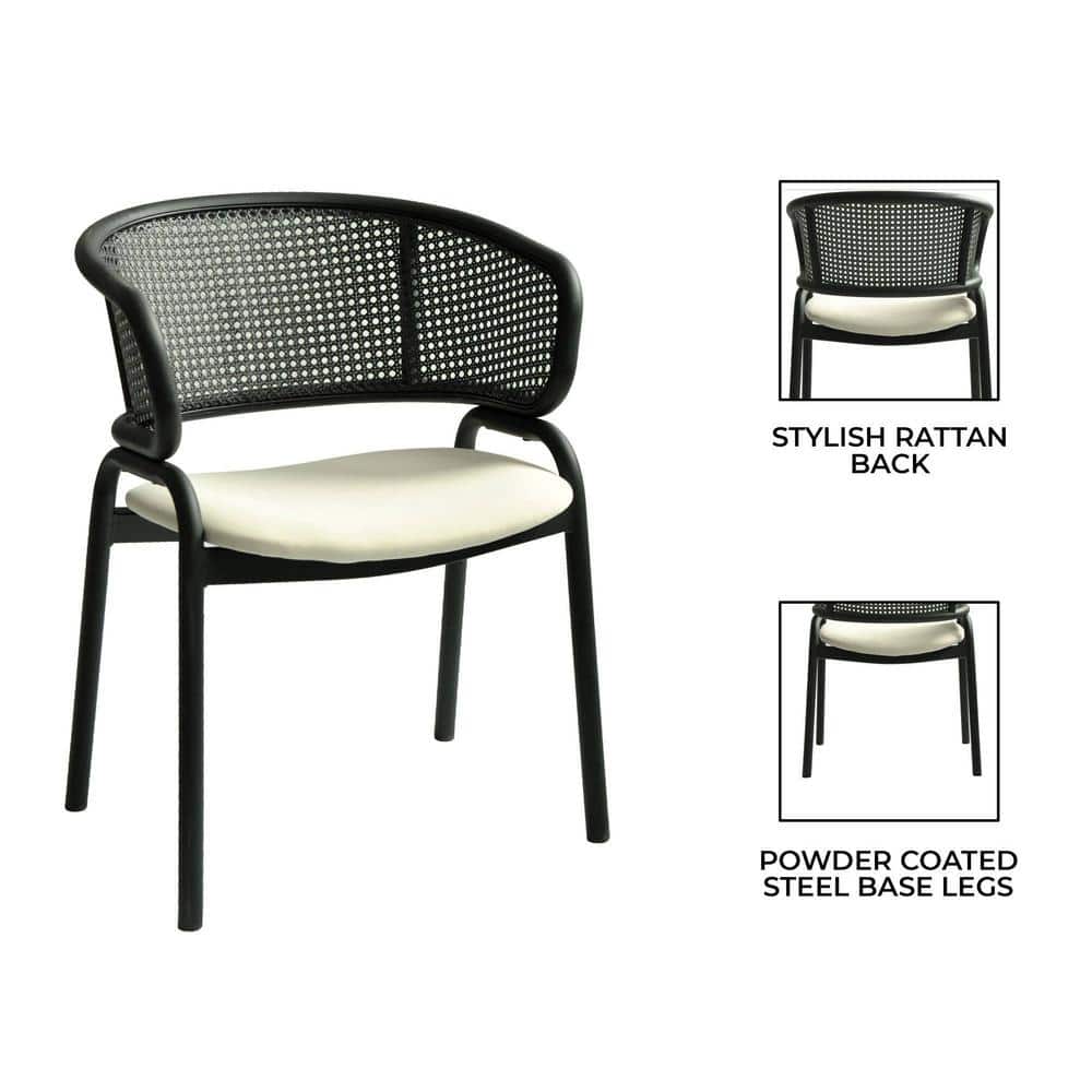 Modern Black Metal and Cane Arm Chair with Beige Upholstered Seat
