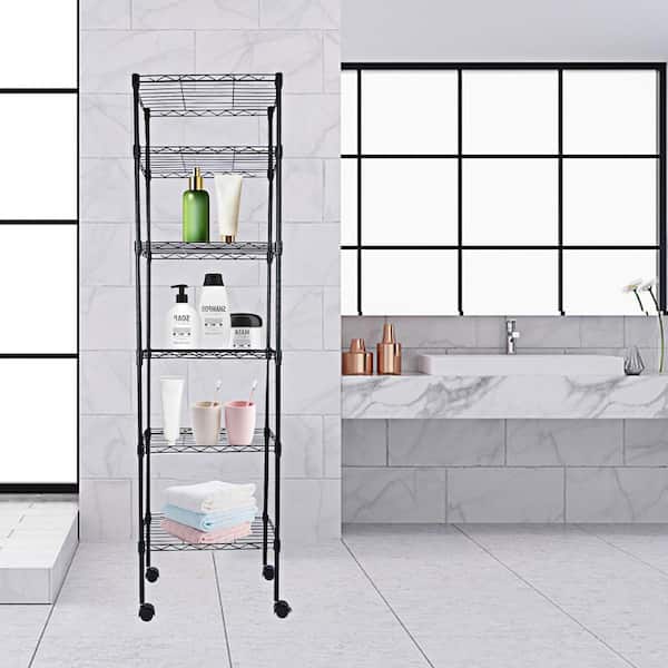 Otryad Heavy Duty 6-Shelf with Wheels, with Hanging Hooks, Wire Shelving, Adjustable Storage Units for Kitchen in Black