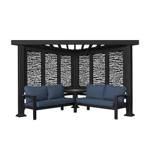 Glendale 8 ft. x 8 ft. Black Steel Modern Cabana Pergola with Conversation Seating in Indigo
