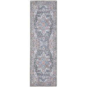 Blue 2 ft. x 10 ft. Floral Power Loom Distressed Washable Runner Rug