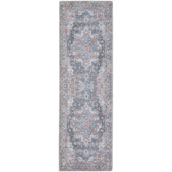 Blue 2 ft. x 10 ft. Floral Power Loom Distressed Washable Runner Rug