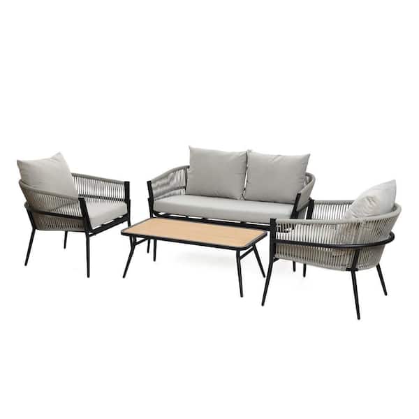 4-Piece Outdoor Aluminum with PE Rope Patio Conversation Set with White Cushions