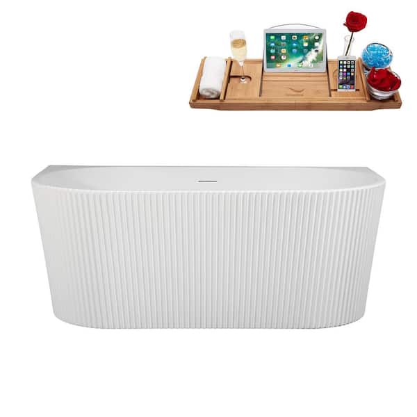 59 in. x 29 in. Acrylic Freestanding Soaking Bathtub in Glossy White With Polished Brass Drain, Bamboo Tray
