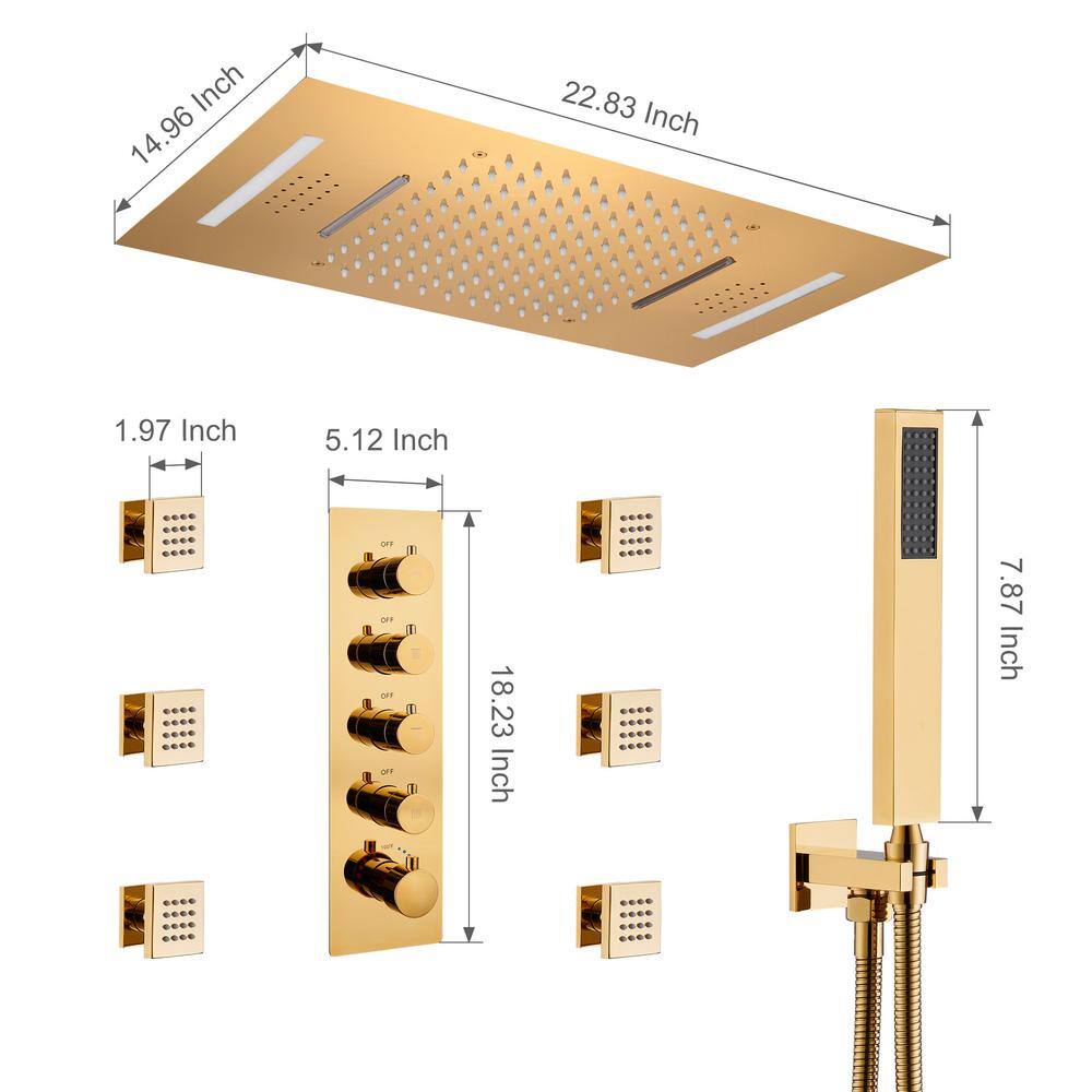 Brushed Gold Large Dual Rectangle Ceiling Mounted Shower System with LED and Bluetooth