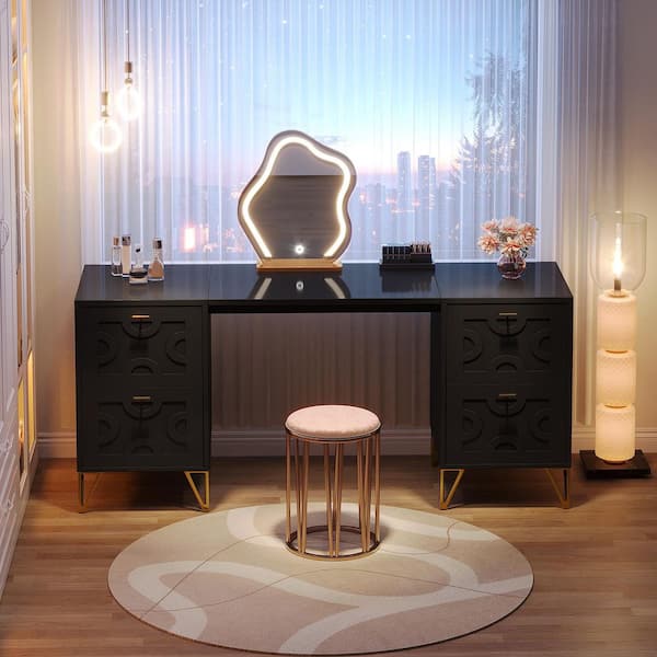 BYBLIGHT Helotes Black Makeup Vanity Desk with 4-Drawers, 59 in. Large Dressing Table with Unique Metal Gold Legs (Only Desk)