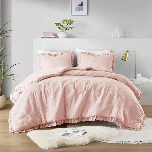 Phoebe 2-Piece Blush Microfiber Twin/Twin XL Diamond Quilted Ruffle Edge Comforter Set