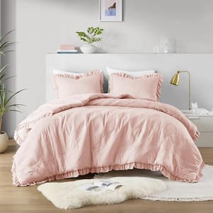 Phoebe 3-Piece Blush Microfiber Full/Queen Diamond Quilted Ruffle Edge Comforter Set