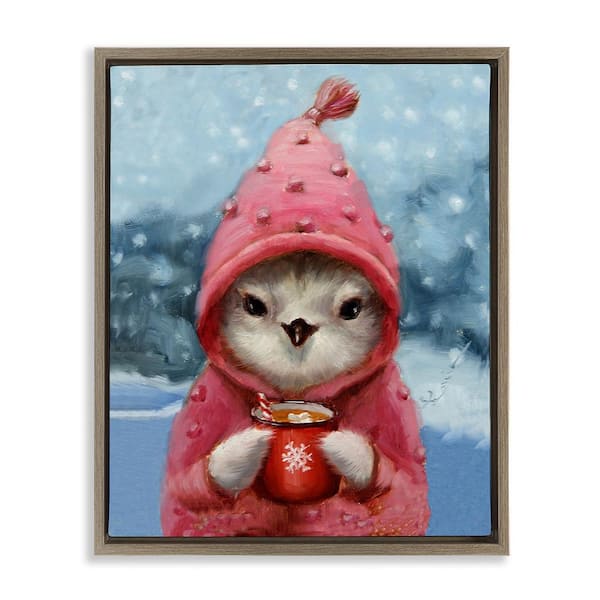 Stupell Industries Bird with Winter Cocoa by Lucia Heffernan 1 Piece Floater Frame Graphic Print Animal Poster Art Print 21 in. x 17 in.