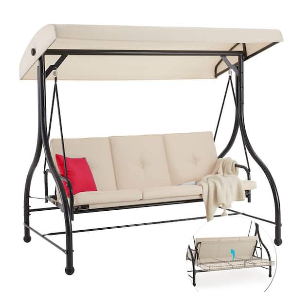 Zeus & Ruta 3-Seat Black Steel Patio Freestanding Porch Swing Bench Chair With Beige Cushion and PVC Hardtop Canopy