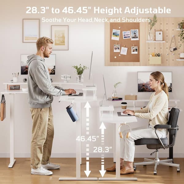 63 in. L-Shaped White Carbon Fiber Wood Sit to Executive Desk with 3-Height Memory Presets, USB Port & Monitor Stand