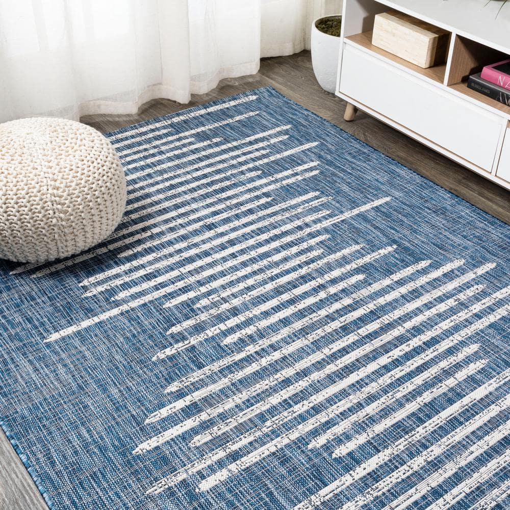 Bohemian Stripe Blue and Ivory Synthetic Area Rug 5' x 8'