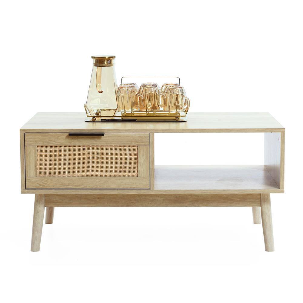 White Oak Finish Rectangular Wood Coffee Table with Storage