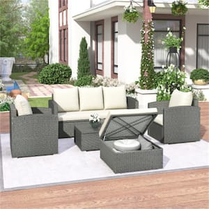 5-Piece Gray All-Weather PE Rattan Wicker Outdoor Sectional Sofa Set with Table, Ottoman, and Beige Cushion