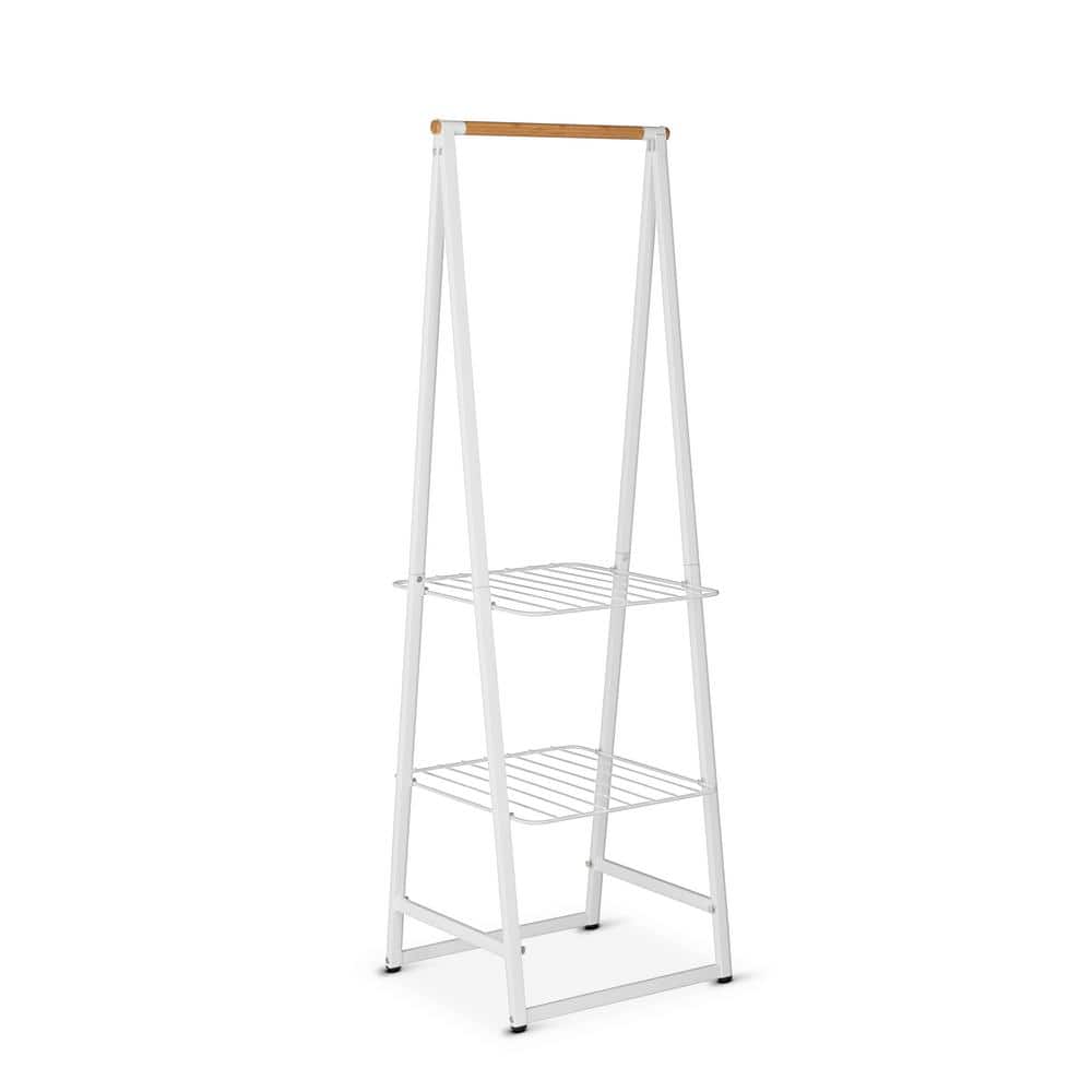 Small White Wood and Wire Garment Rack with Adjustable Shelves