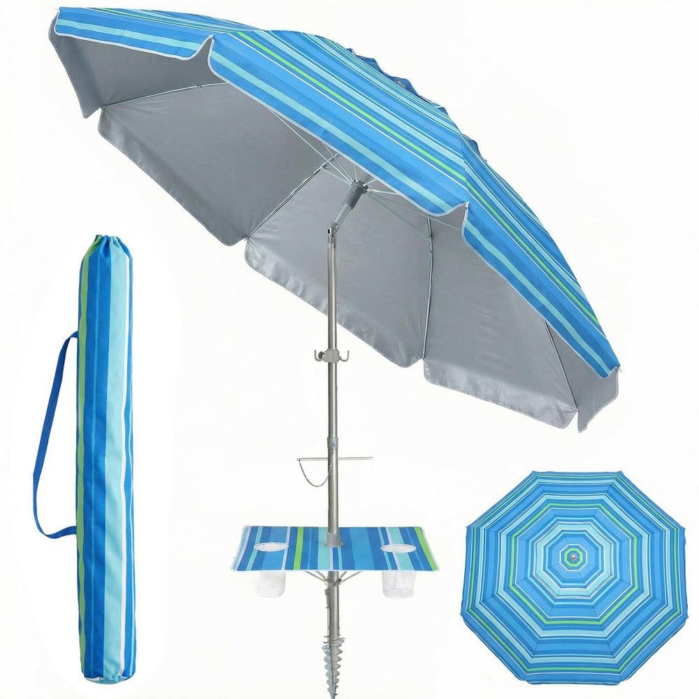 lohasco 7 ft. Metal Tilt Beach Umbrella with Sand Anchor and Carry Bag, Built-In Table Tray in Baby Blue Stripes HD-BU-7FTWT-002