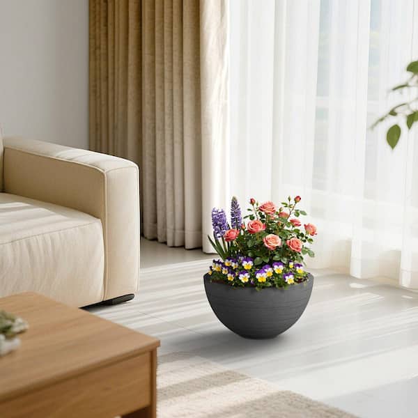 17 in. Medium Dark Gray Concrete Round Planter Bowl Indoor/Outdoor Flower Plant Pot with Drainage Holes