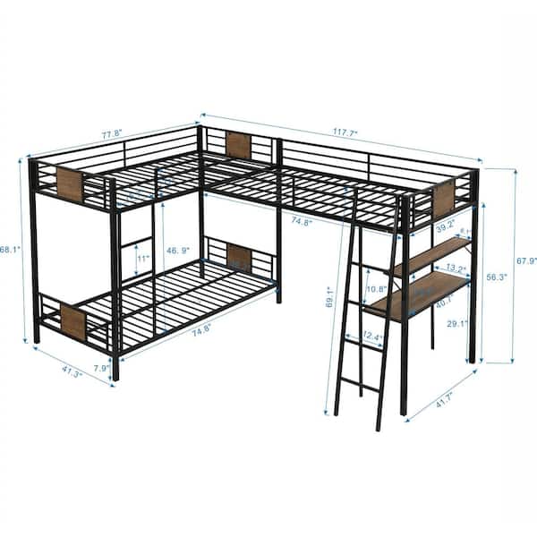 Angel Sar Black Metal Frame L Shaped, How Long Is A Twin Size Bunk Beds