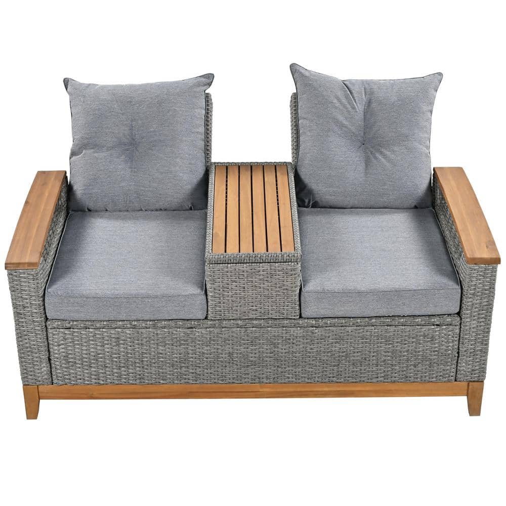 Adjustable Backrest Gray Wicker Outdoor Loveseat with Storage Space and