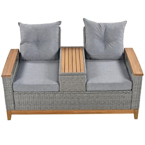 Adjustable Backrest Gray Wicker Outdoor Loveseat with Storage Space and Gray Cushions