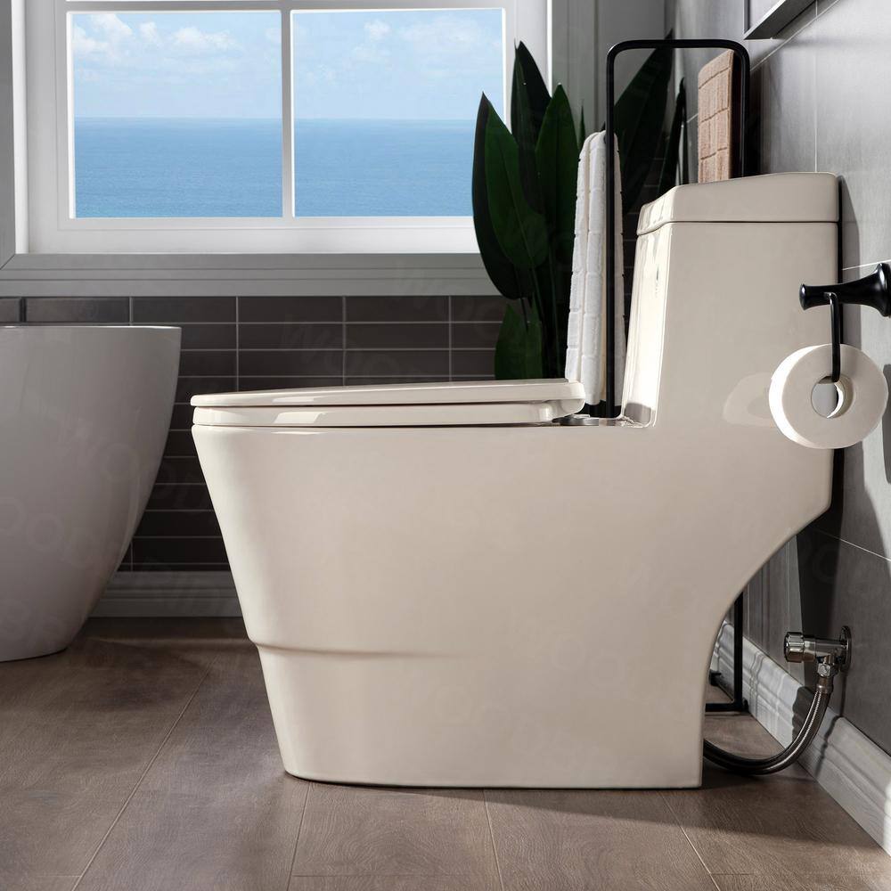 Biscuit Elongated One-Piece Dual Flush Toilet with Chrome Button
