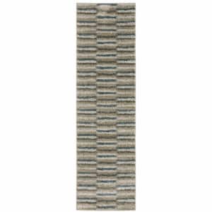 Teal Blue Grey and Tan 2 ft. x 8 ft. Geometric Power Loom Stain Resistant Runner Rug