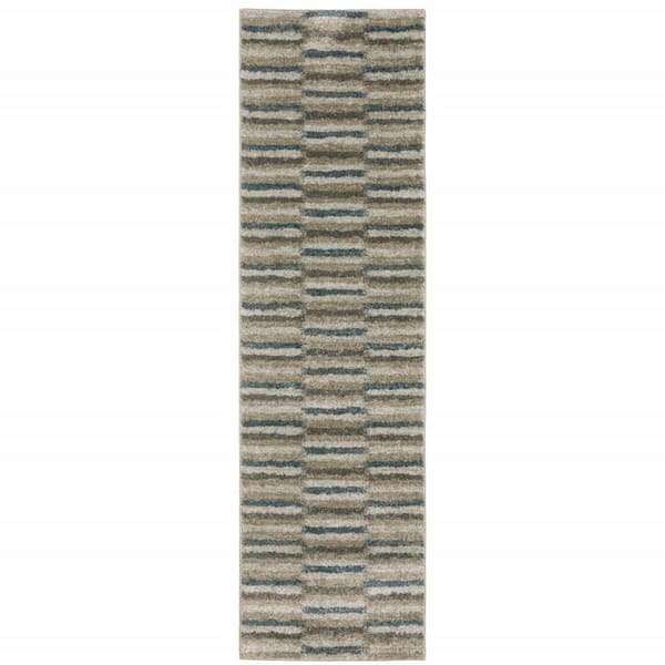 HomeRoots Teal Blue Grey and Tan 2 ft. x 8 ft. Geometric Power Loom Stain Resistant Runner Rug