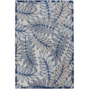 Aloha Ivory/Navy 6 ft. x 9 ft. Floral Modern Indoor/Outdoor Patio Area Rug