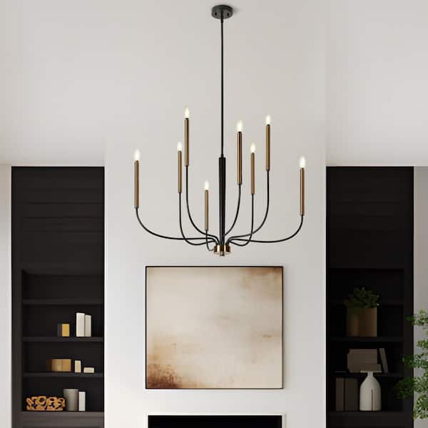37.4 in. Modern 8-Light Black Chandelier Living Room Ceiling Light with Plated Brass Candle Design for Master Bedroom