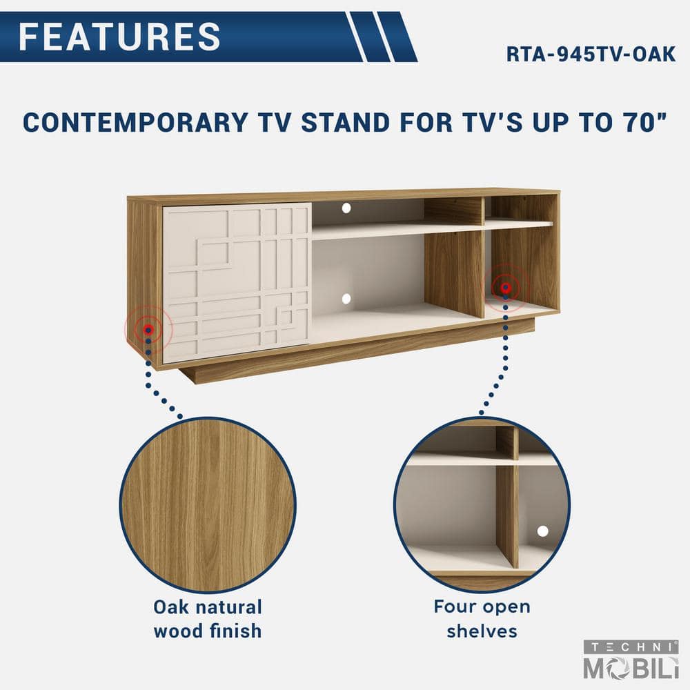 Oak and White Modern TV Stand with Chevron Pattern Cabinet for 70" Screens