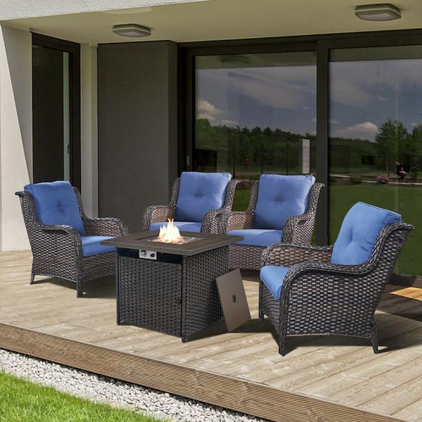 Gymojoy Carolina Brown 5-Piece Wicker Patio Fire Pit Seating Set with Blue Cushions
