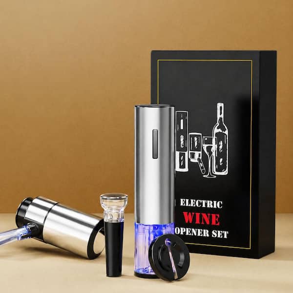 Silver Stainless Steel Electric Wine Gift Set with Aerator, Foil Cutter, Vacuum Stoppers and Bottle Opener