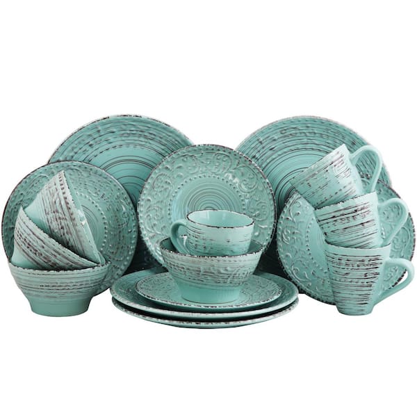 Elama Malibu 16-Piece Coastal Turquoise Stoneware Dinnerware Set (Service for 4)