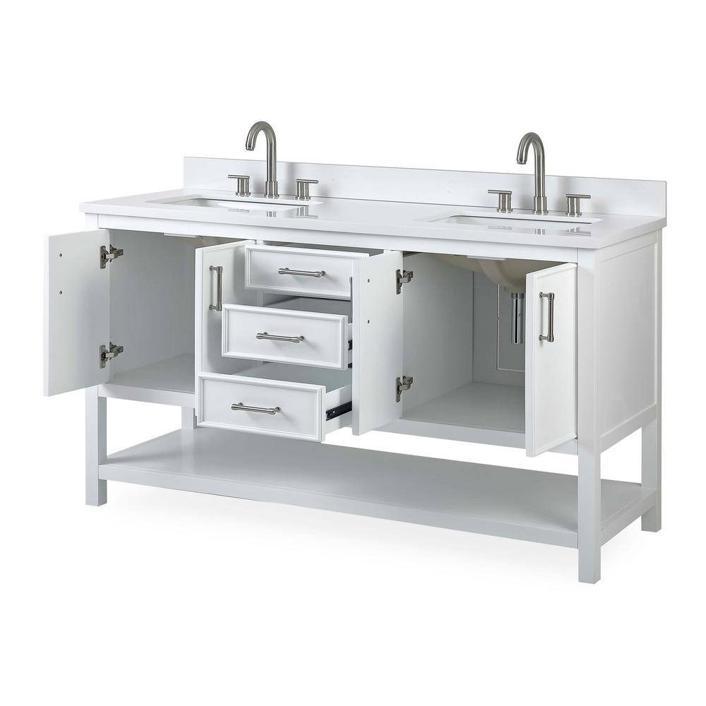 Felton 60" White Wood Double Sink Bathroom Vanity with Quartz Top