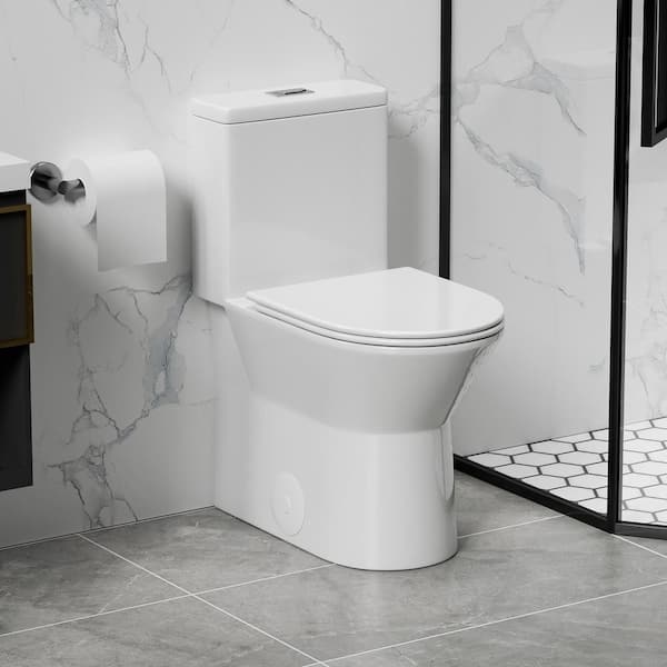 One-Piece 1.1/1.6 GPF Dual Flush Rimless Bowl Toilet in Gloss White with Soft Close Seat