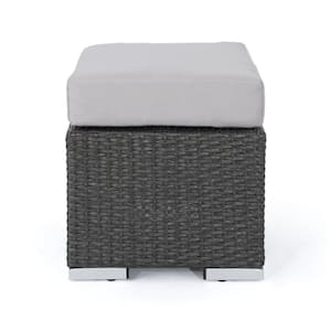 Gray Wicker Outdoor Ottoman with Silver Cushion