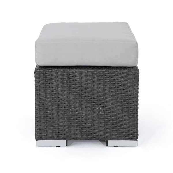 Noble House Gray Wicker Outdoor Patio Ottoman with Silver Cushion