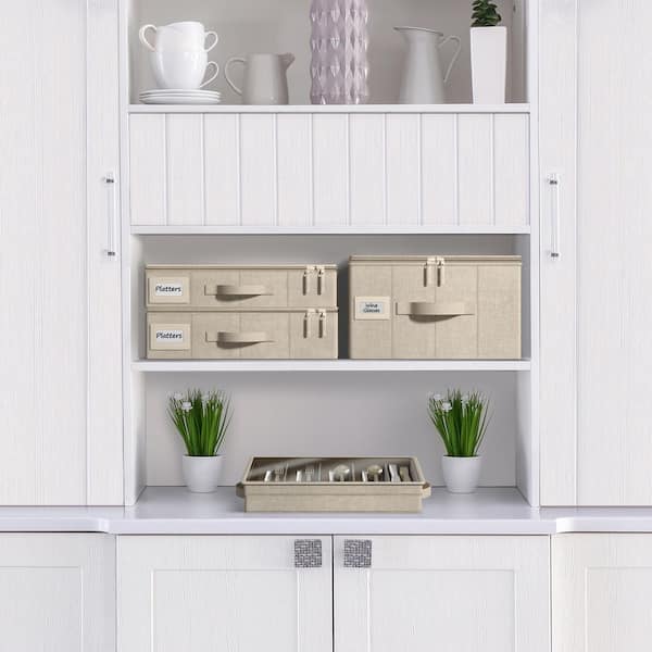 Beige Pantry Organizer, China Storage Dinnerware Organizer for Platter with Lid and Felt Protectors (Holds 4), 2-Pack