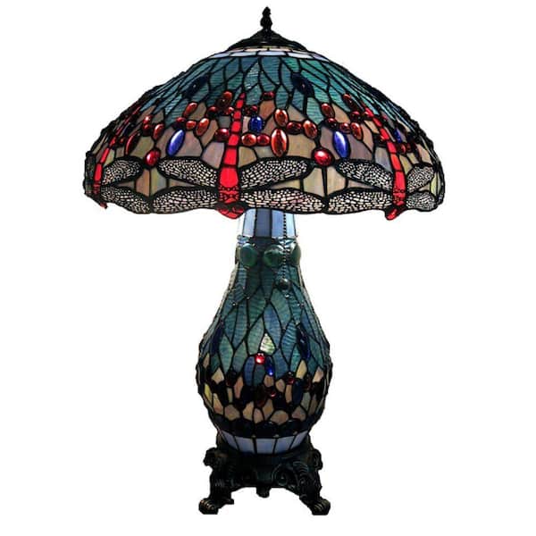 Warehouse of Tiffany Dragonfly 26 in. Antique Brass Table Lamp with Stained Glass