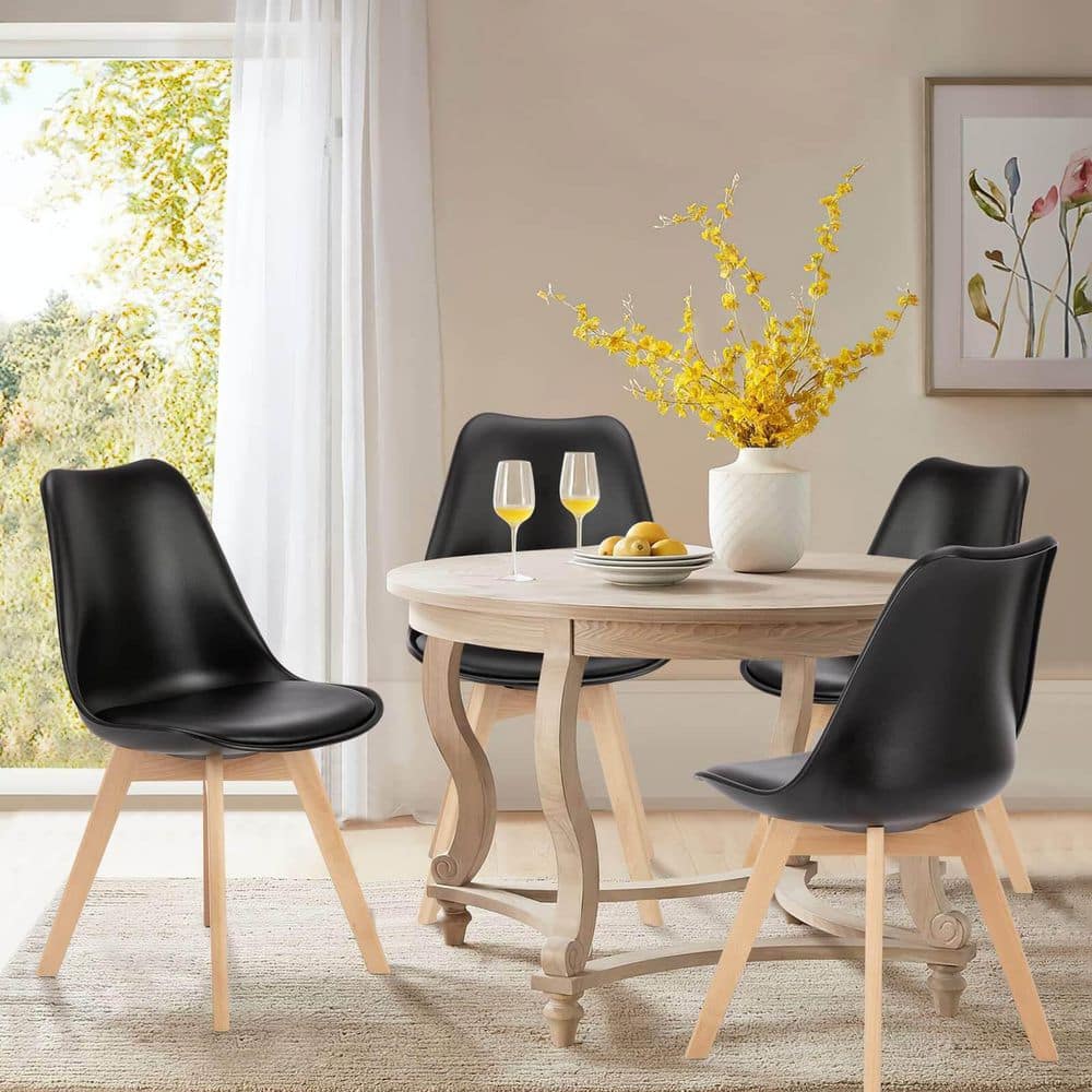 Bestier Black PU Leather Upholstered Dining Chairs with Wood Legs, Set of 4