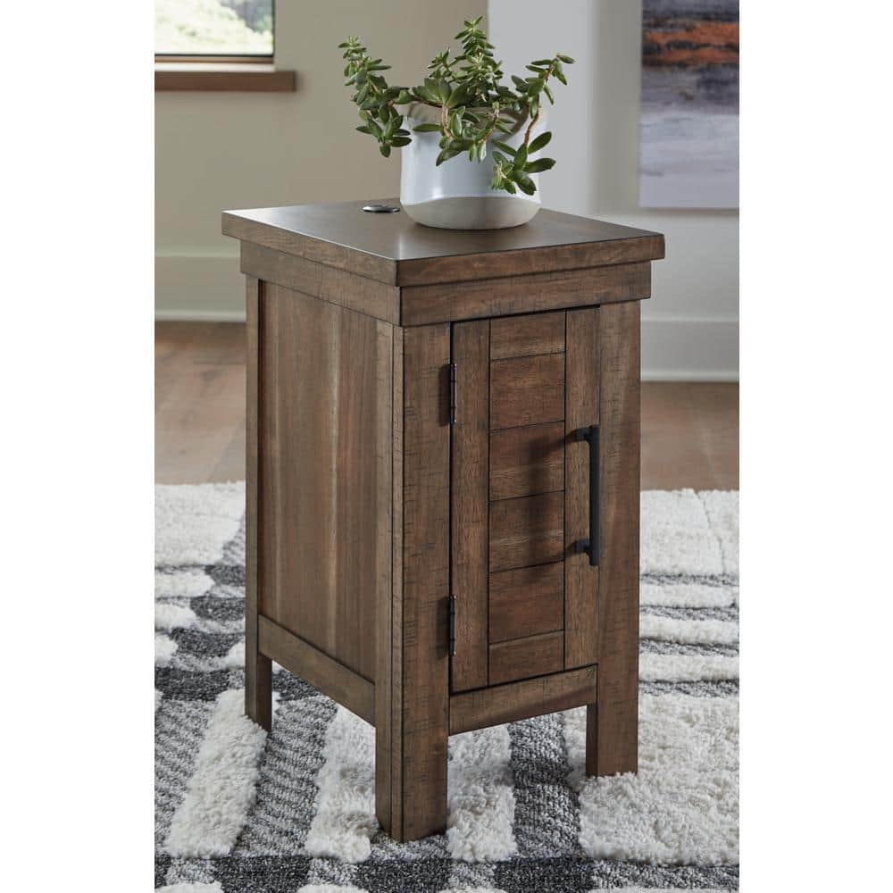Brown Wood Rectangular End Table with Storage and USB Ports