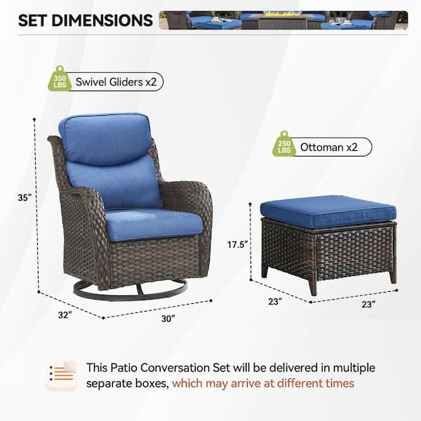 LunaCurve Brown Swivel Glider Wicker Patio Conversation Set with Blue Olefin 5 in. Thick Cushions/Ottoman (4-Piece)