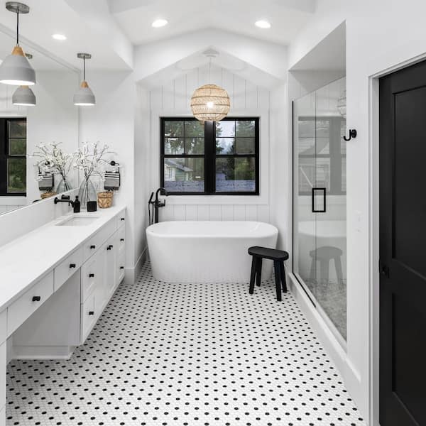 Madison 1 in. Hex Matte Cool White with Black Dot 10-1/4 in. x 11-7/8 in. Porcelain Mosaic Tile (8.6 sq. ft./Case)