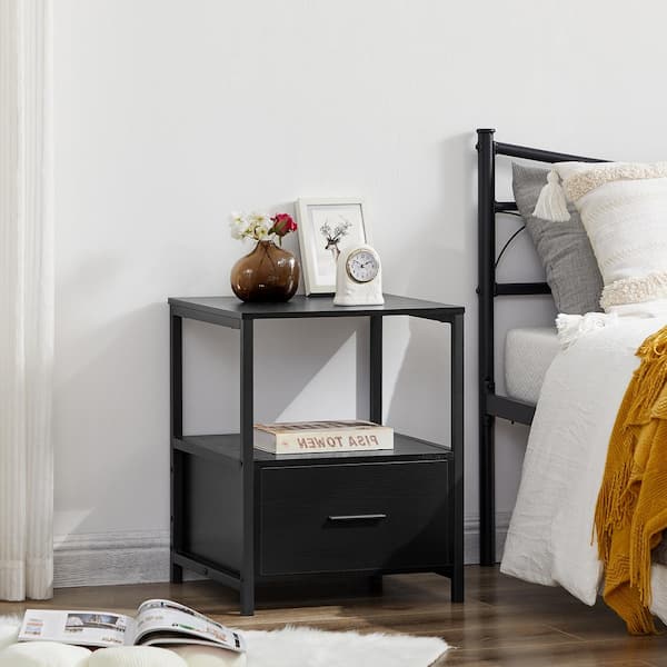 1-Drawer Black Square Modern End/Side Table, Night Stand with Open Shelf 22 in. H x 15.7 in. W x 15.7 in. L
