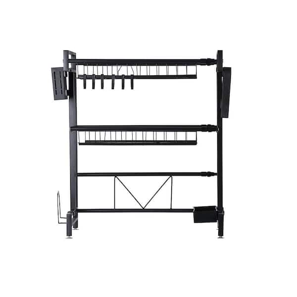 Retractable Double Layer Over Sink Dish Rack, Black Kitchen Storage Organizer
