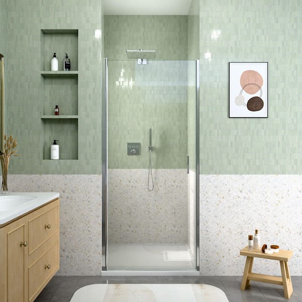 Sheila 24 in. W x 72 in. H Semi Frameless Pivot Shower Door in Chrome with Tempered Glass