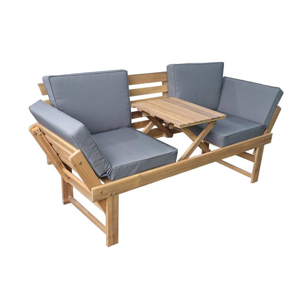 Outdoor Acacia Wood 3-Person Patio Bench with Fold Down Table