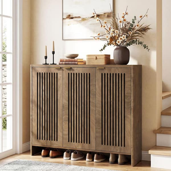 Lauren 43.31 in. H x 47.24 in. W Brown Wood 3-Door Shoe Storage Cabinet with Adjustable Shelves for 30-Pairs Shoes