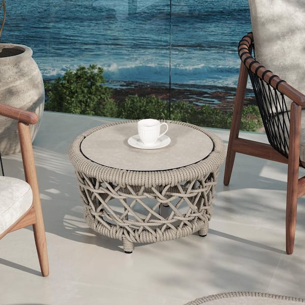 TIRAMISUBEST 23 in. Round Woven Patio Light Beige Coffee Table