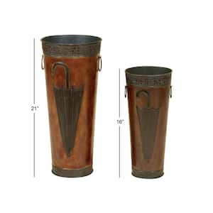 Brown Metal Umbrella Stand with Umbrella Image and Handles (Set of 2)